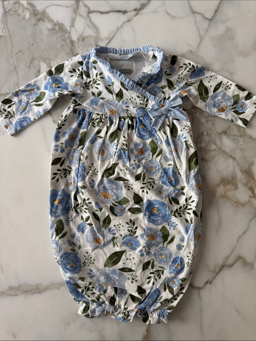 Mud Pie Floral Baby Gown with Blue Flower Print